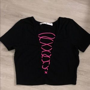 Black Ribbed LF Tee with Neon Pink Tie Detail